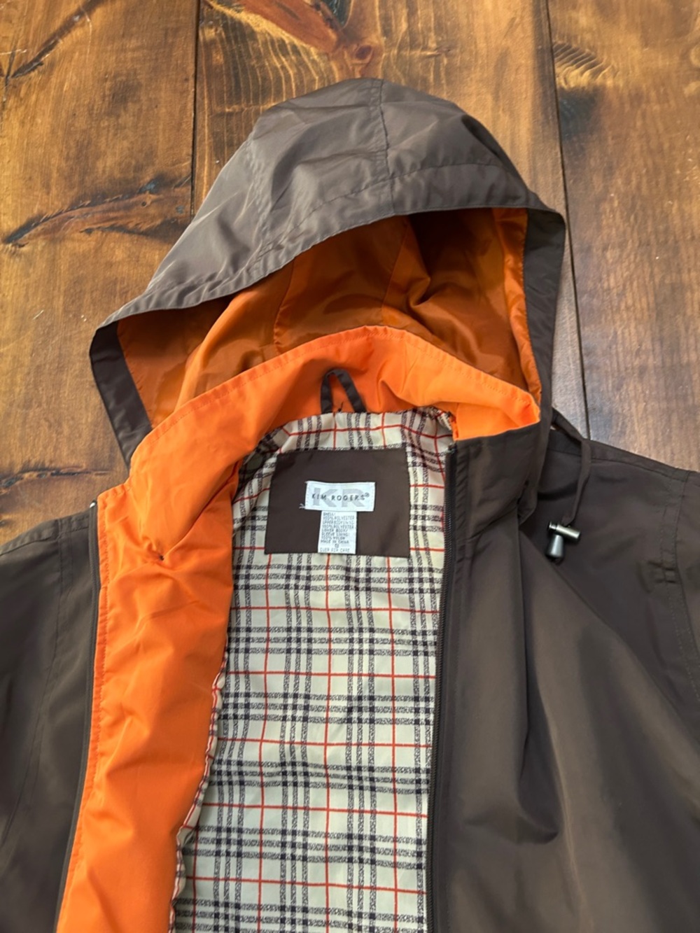 Chocolate Brown Orange Plaid Lightweight Hooded Rain Jacket Kim Rogers Small